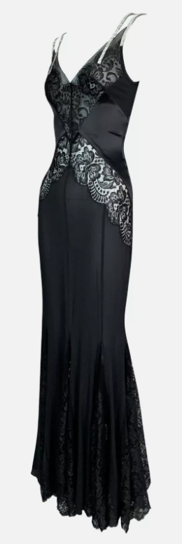 F/W 2004 Dolce & Gabbana Sheer Black Lace & Silk Crystal Straps Mermaid Gown Dress