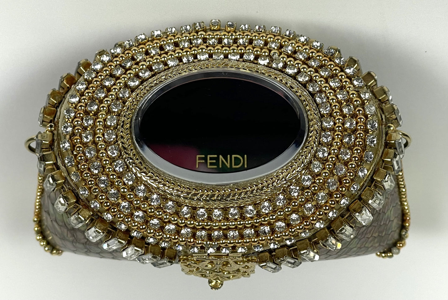 F/W 2004 Fendi Runway Snakeskin Gold Mirror Crystal Minaudiere Clutch Handbag