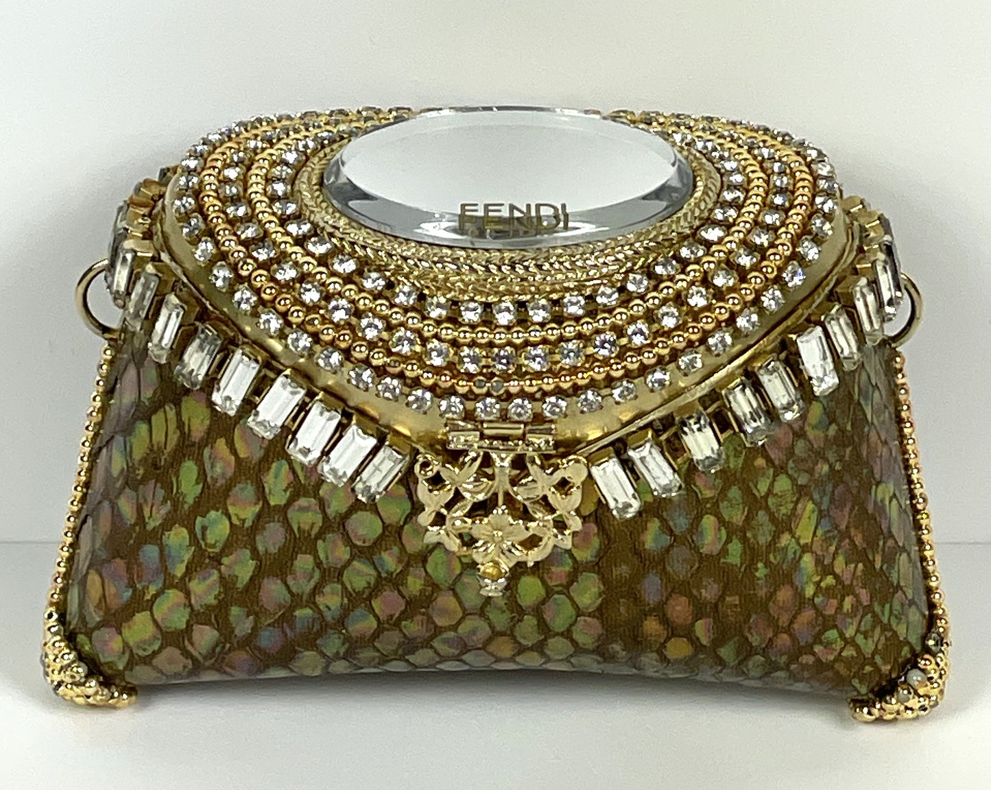 F/W 2004 Fendi Runway Snakeskin Gold Mirror Crystal Minaudiere Clutch Handbag
