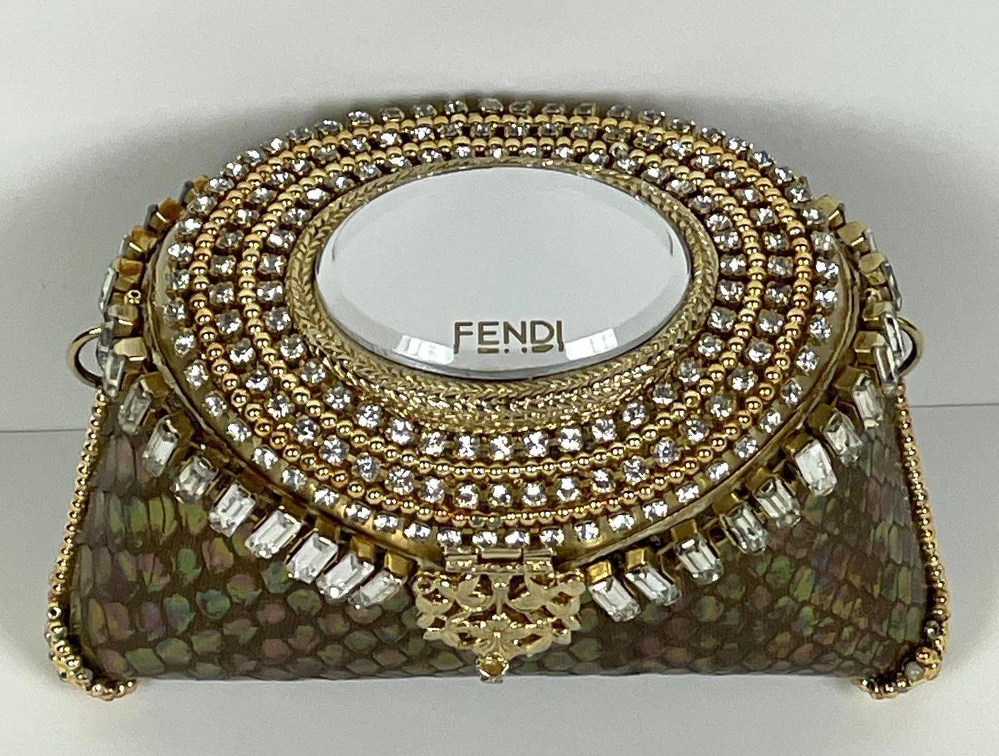 F/W 2004 Fendi Runway Snakeskin Gold Mirror Crystal Minaudiere Clutch Handbag