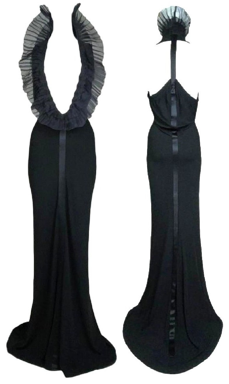 F/W 2004 Gianfranco Ferre Plunging Black Elvira Goth Queen High Collar Gown Dress