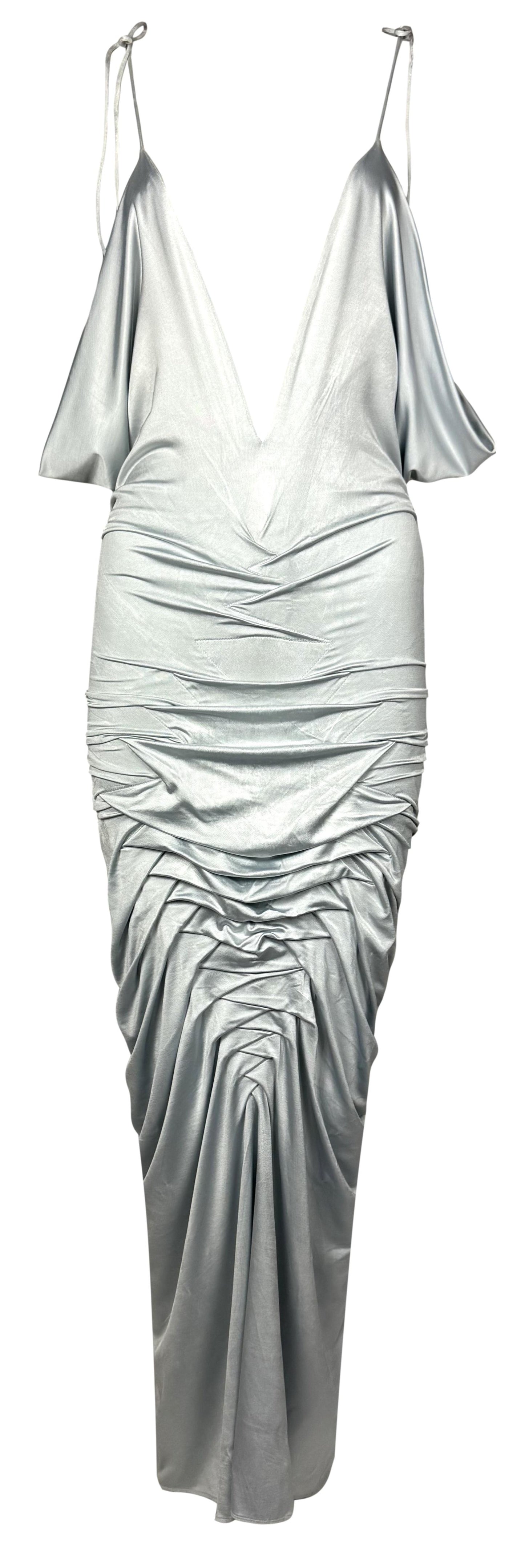 F/W 2004 Gianfranco Ferre Runway Silver Blue Plunging Ruched Wiggle Maxi Dress