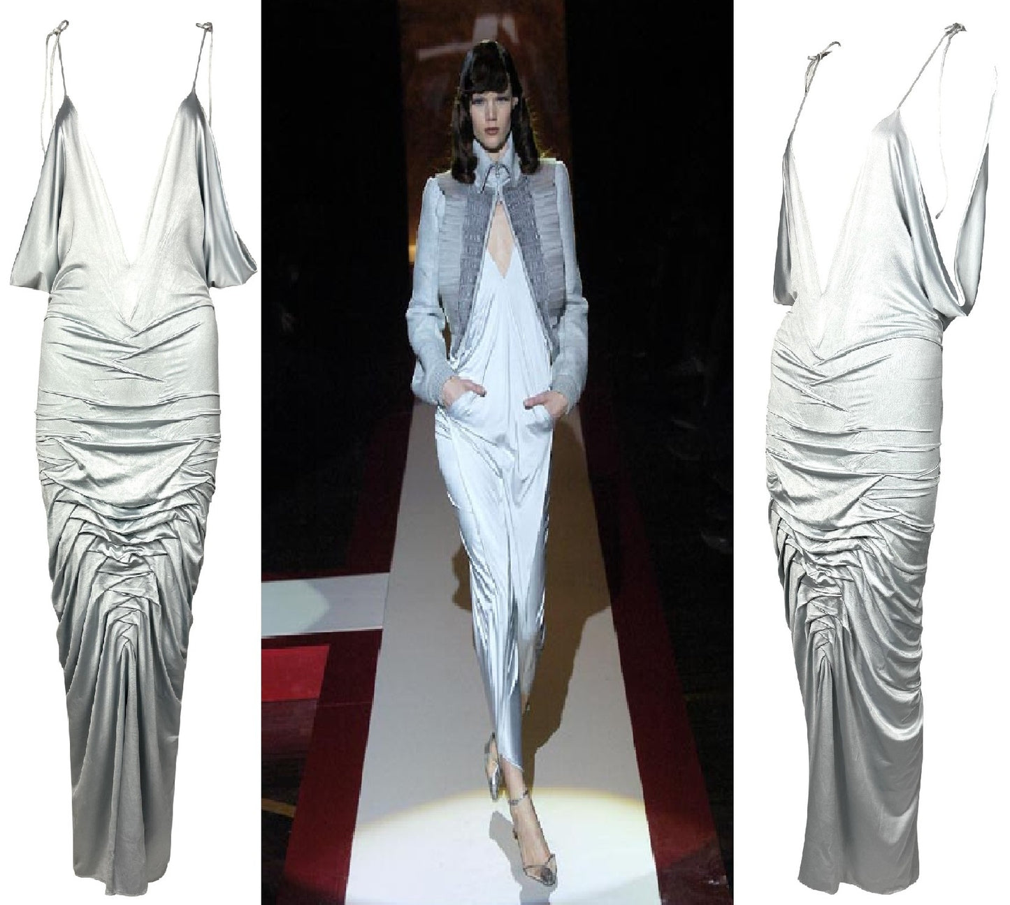 F/W 2004 Gianfranco Ferre Runway Silver Blue Plunging Ruched Wiggle Maxi Dress