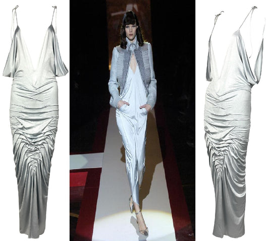 F/W 2004 Gianfranco Ferre Runway Silver Blue Plunging Ruched Wiggle Maxi Dress
