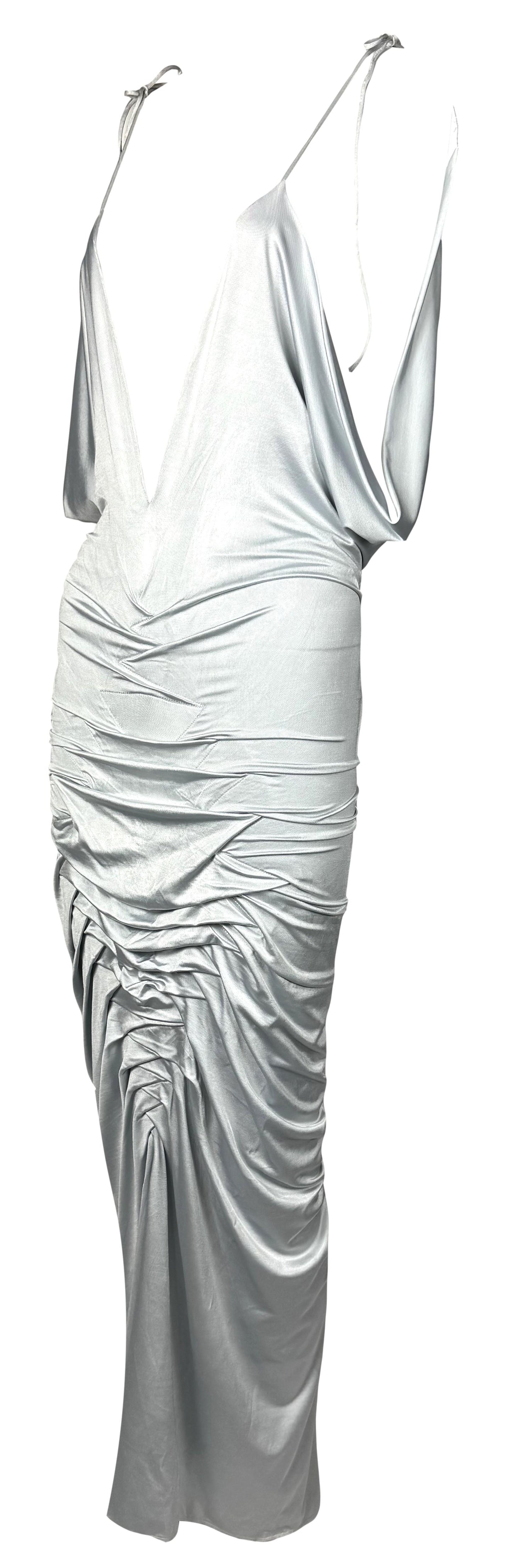 F/W 2004 Gianfranco Ferre Runway Silver Blue Plunging Ruched Wiggle Maxi Dress