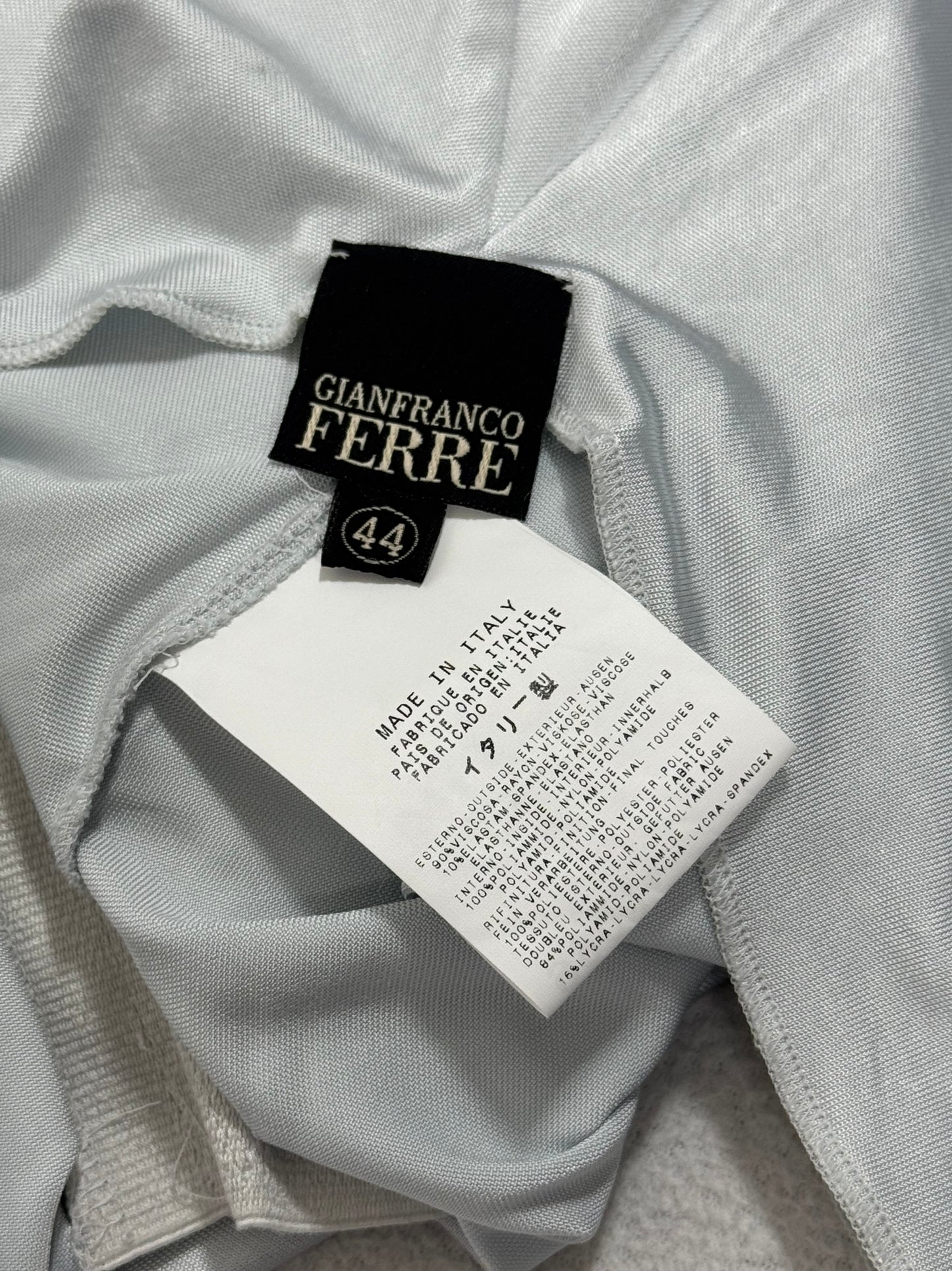 F/W 2004 Gianfranco Ferre Runway Silver Blue Plunging Ruched Wiggle Maxi Dress