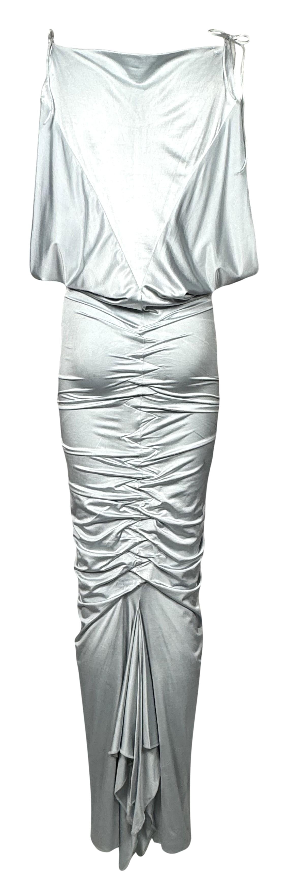 F/W 2004 Gianfranco Ferre Runway Silver Blue Plunging Ruched Wiggle Maxi Dress