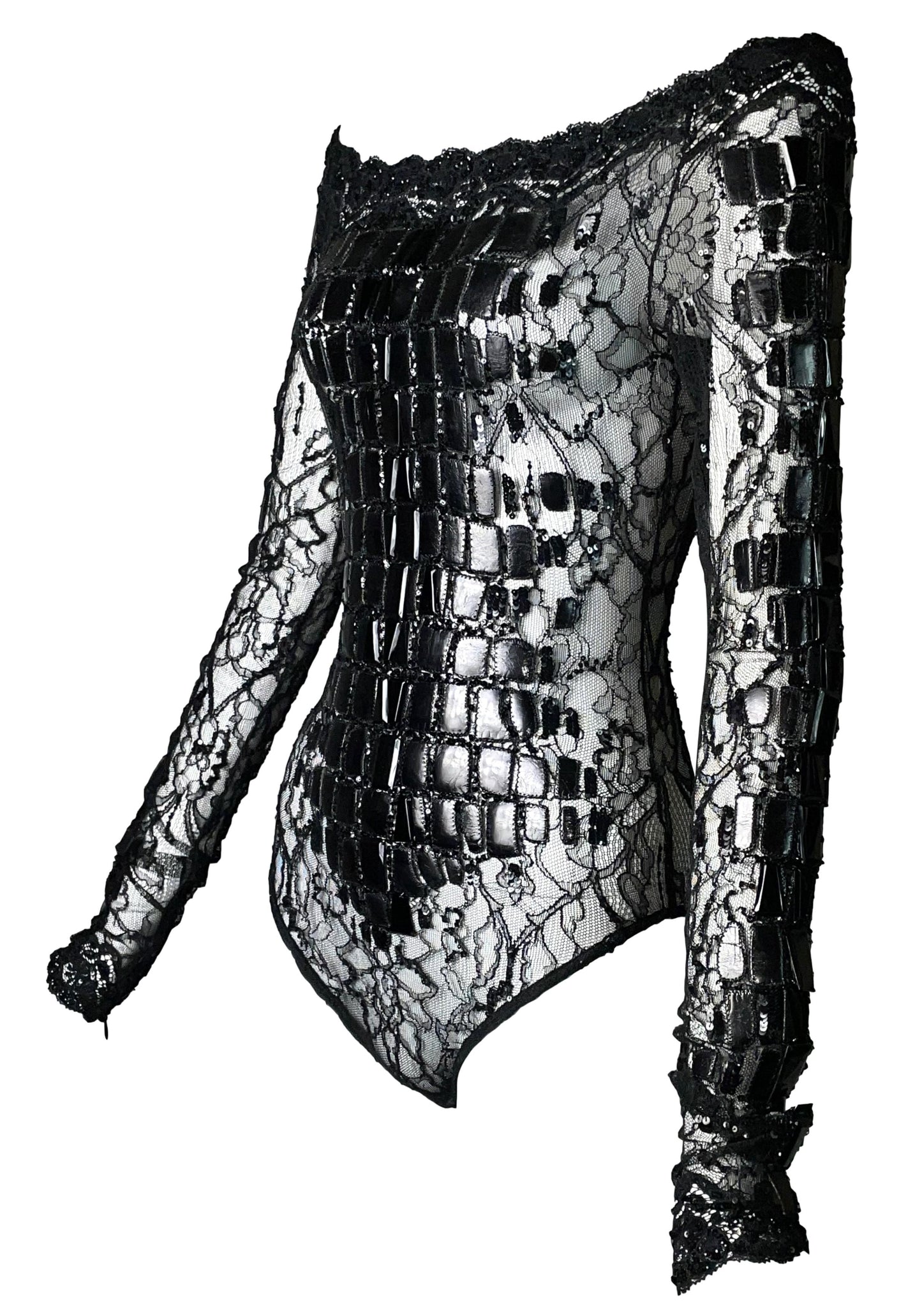 F/W 2004 Gianfranco Ferre Sheer Black Lace Off Shoulder Faux Croc Bodysuit Top