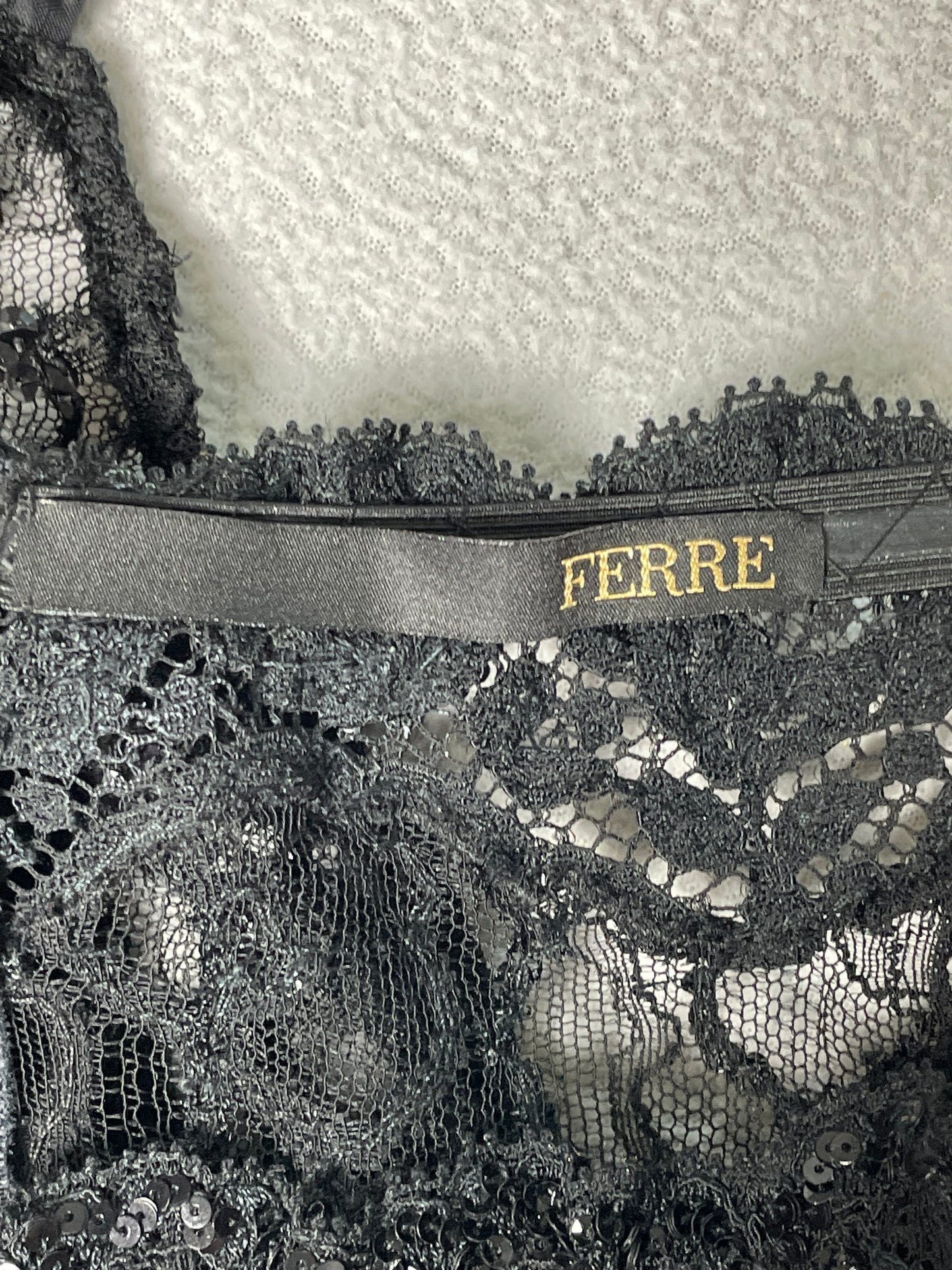 F/W 2004 Gianfranco Ferre Sheer Black Lace Off Shoulder Faux Croc Bodysuit Top