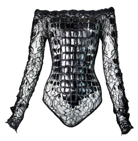 F/W 2004 Gianfranco Ferre Sheer Black Lace Off Shoulder Faux Croc Bodysuit Top