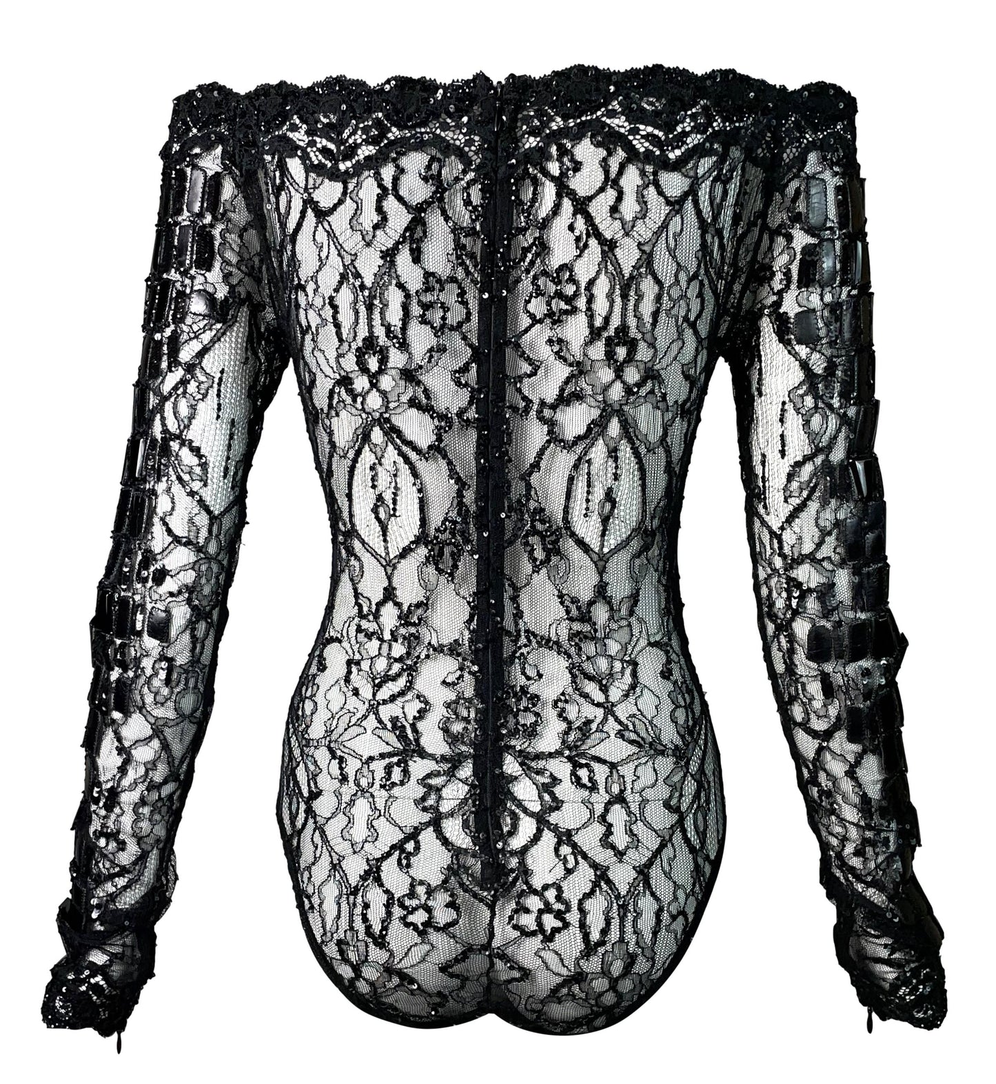 F/W 2004 Gianfranco Ferre Sheer Black Lace Off Shoulder Faux Croc Bodysuit Top
