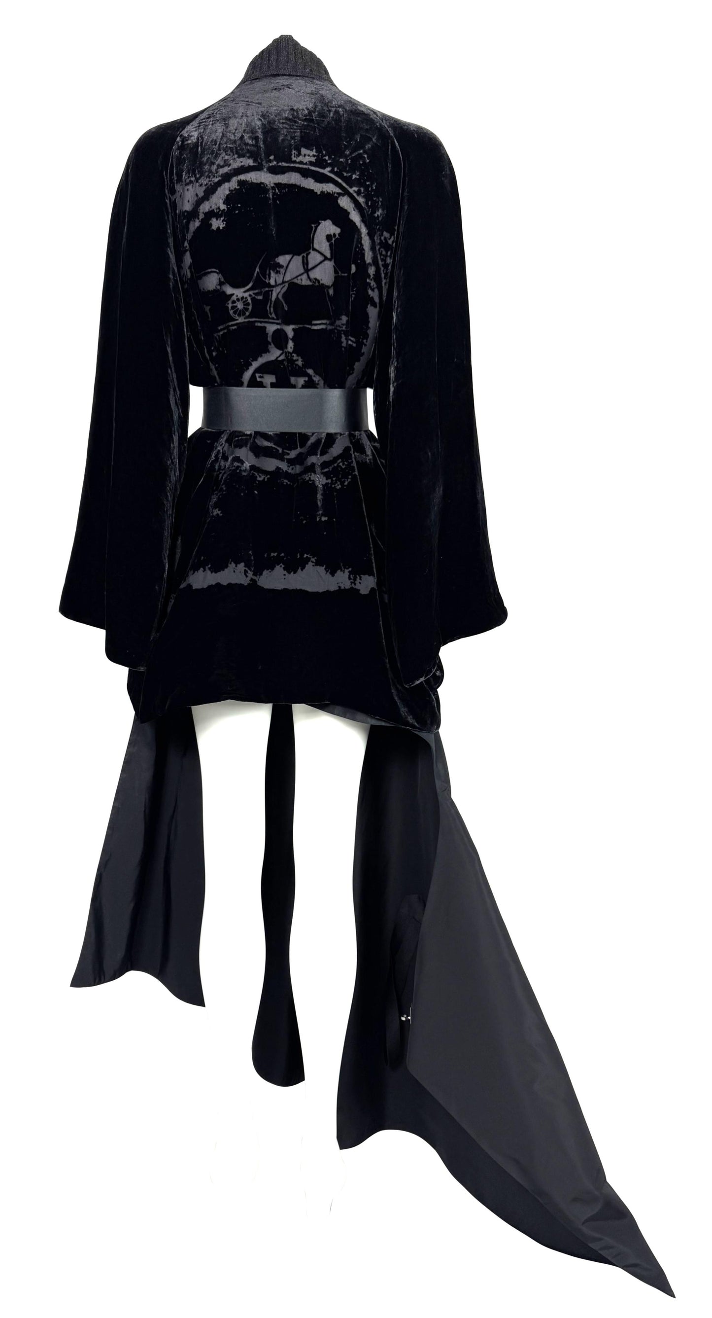 F/W 2004 Hermes by Jean Paul Gaultier Runway Sheer Black Logo Velvet Kimono Jacket & Cut-Out Mini & Long Skirt Set