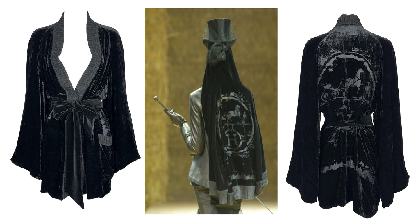 F/W 2004 Hermes by Jean Paul Gaultier Runway Sheer Black Logo Velvet Kimono Jacket & Cut-Out Mini & Long Skirt Set