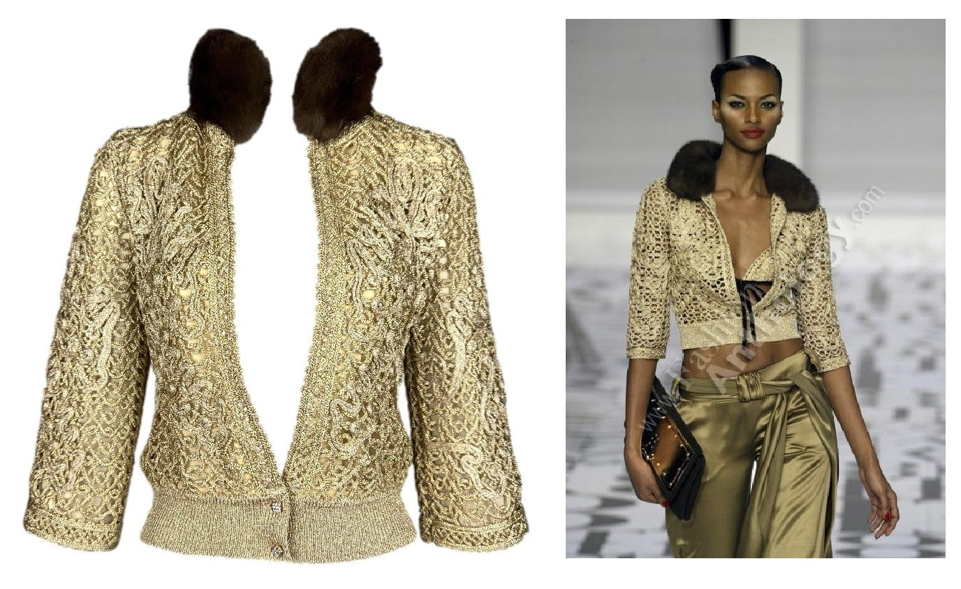 F/W 2004 Valentino Runway Plunging Gold Knit Top w Sable Fur