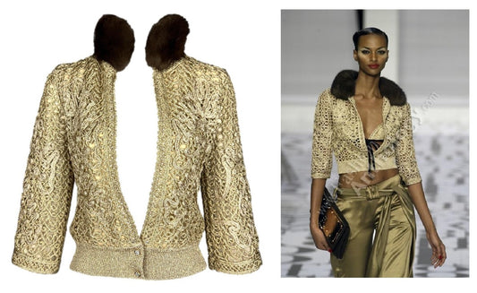 F/W 2004 Valentino Runway Plunging Gold Knit Top w Sable Fur