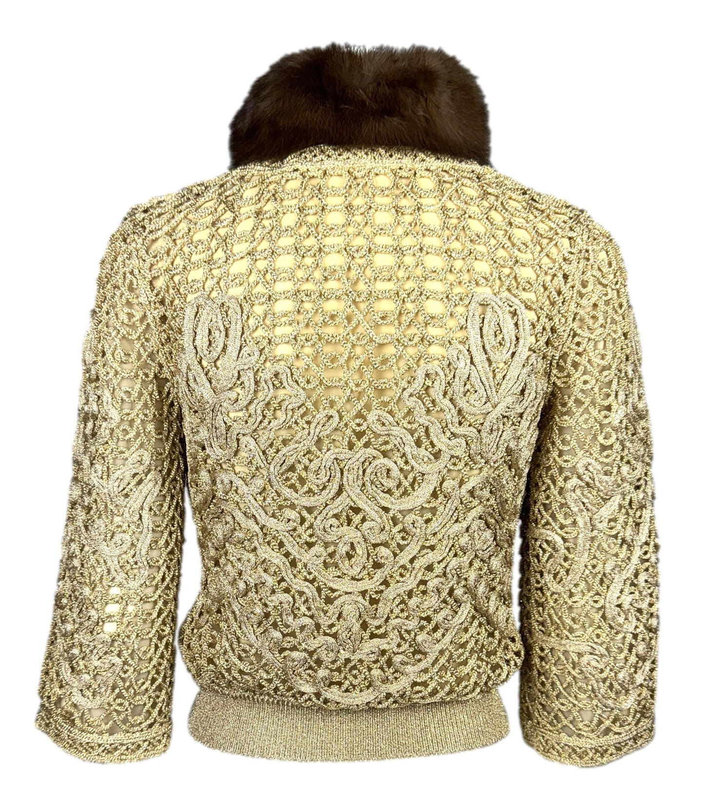 F/W 2004 Valentino Runway Plunging Gold Knit Top w Sable Fur