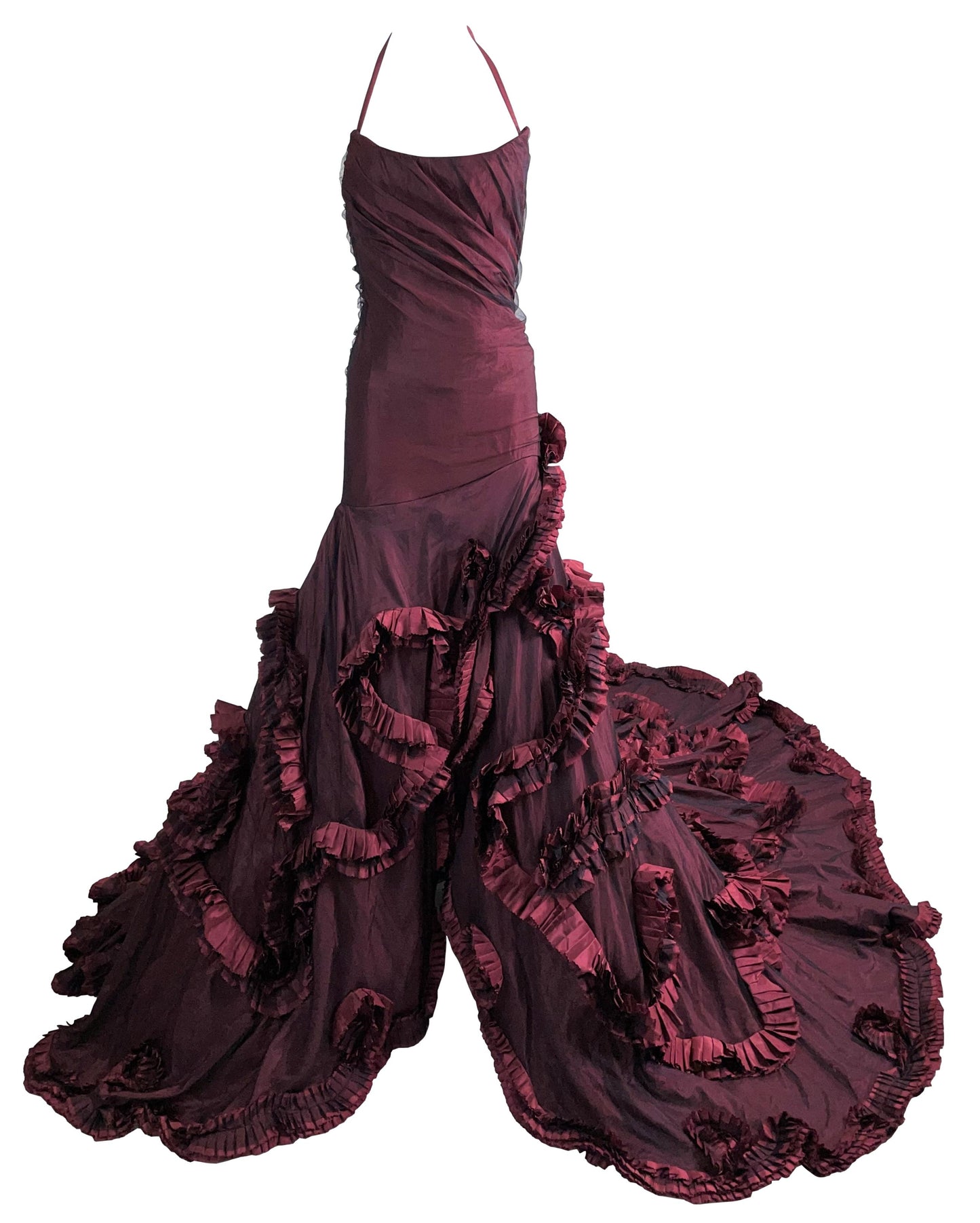 F/W 2004 Roberto Cavalli Runway Burgundy Flamenco Ball Gown Dress w Train