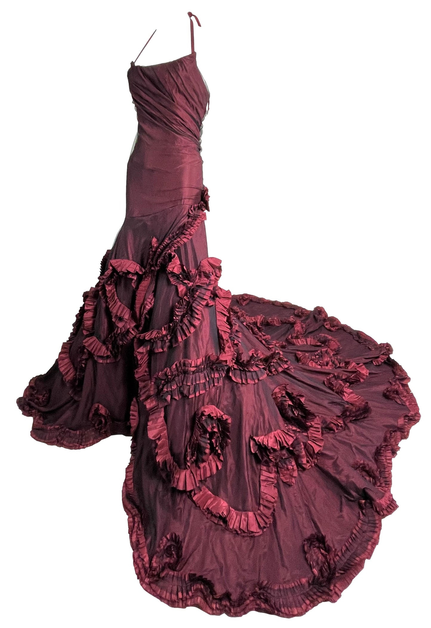 F/W 2004 Roberto Cavalli Runway Burgundy Flamenco Ball Gown Dress w Train