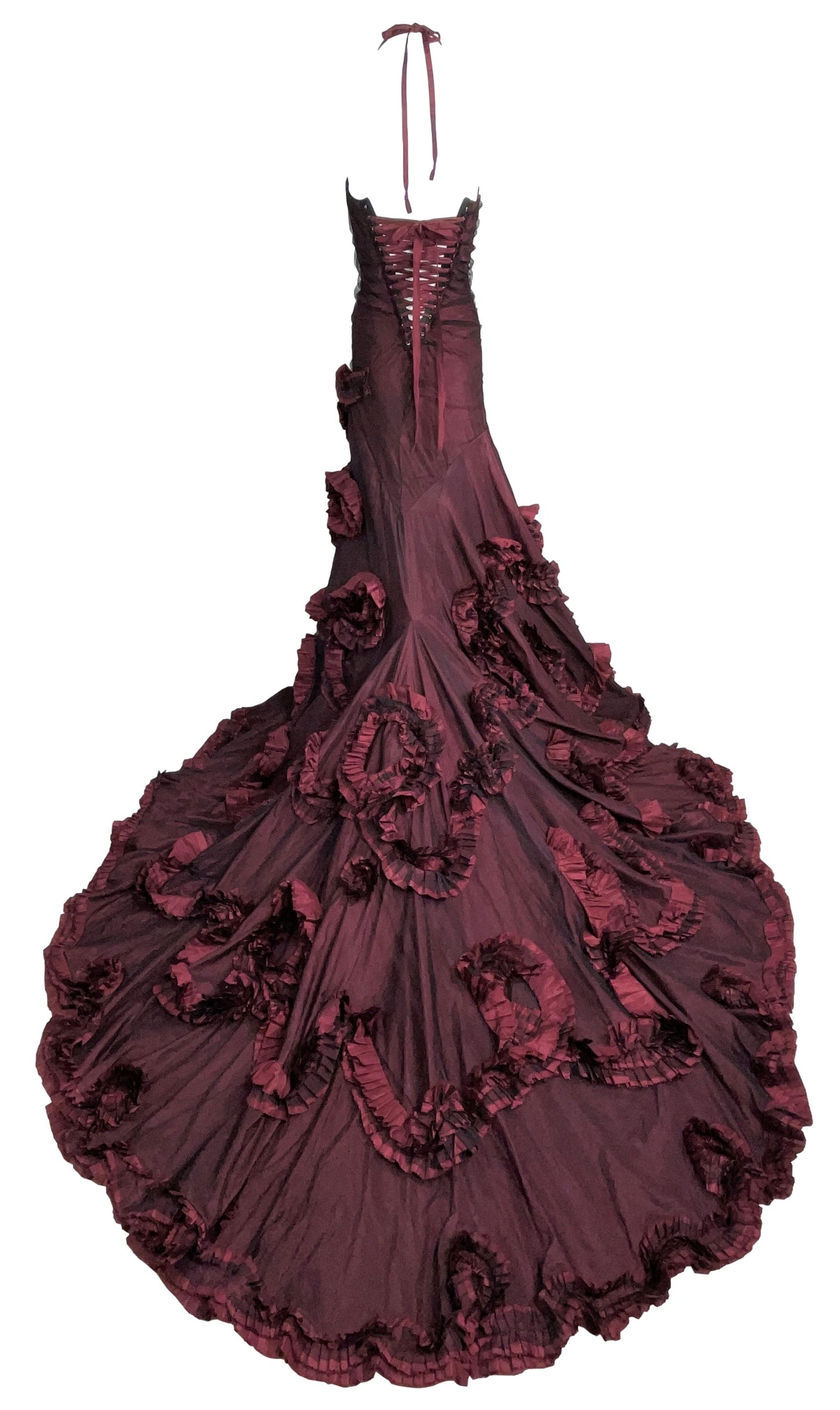 F/W 2004 Roberto Cavalli Runway Burgundy Flamenco Ball Gown Dress w Train