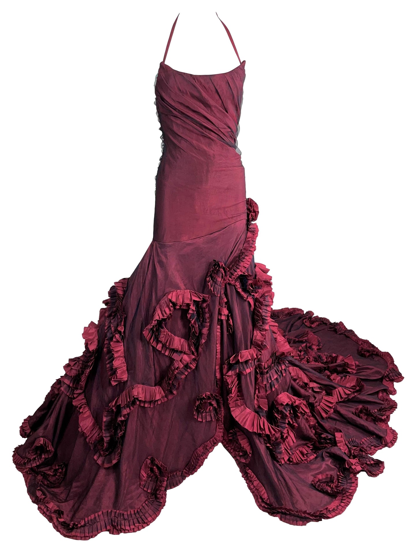 F/W 2004 Roberto Cavalli Runway Burgundy Flamenco Ball Gown Dress w Train