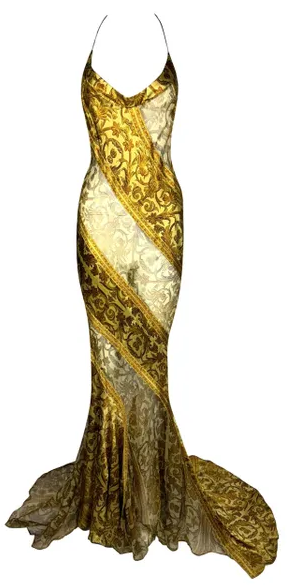F/W 2004 Roberto Cavalli Runway Sheer Gold Baroque Silk Halter Gown Dress w Train