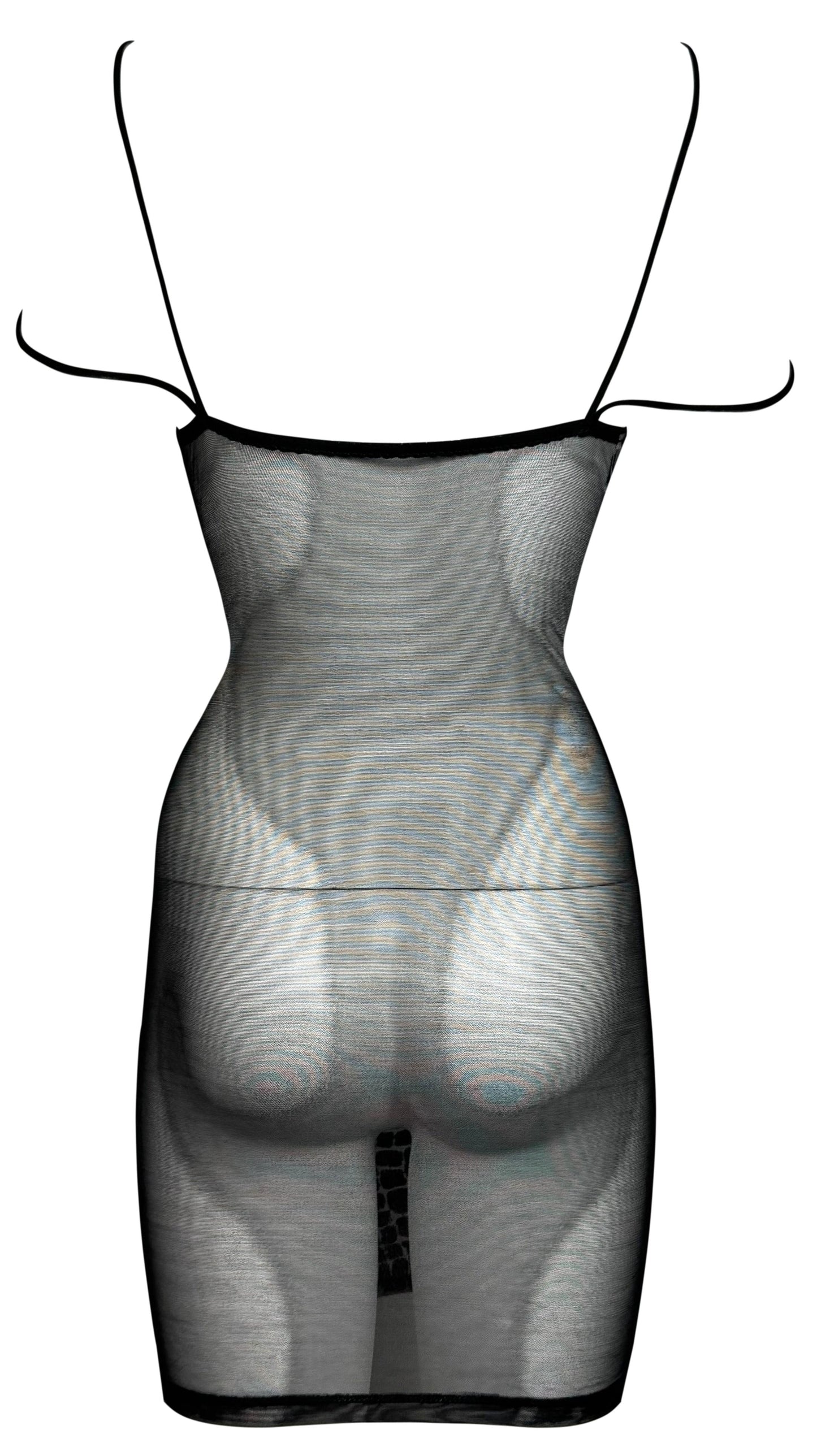 2000's Gianfranco Ferre Sheer Black Nylon Mesh & Faux Crocodile Embellished Bodycon Mini Dress
