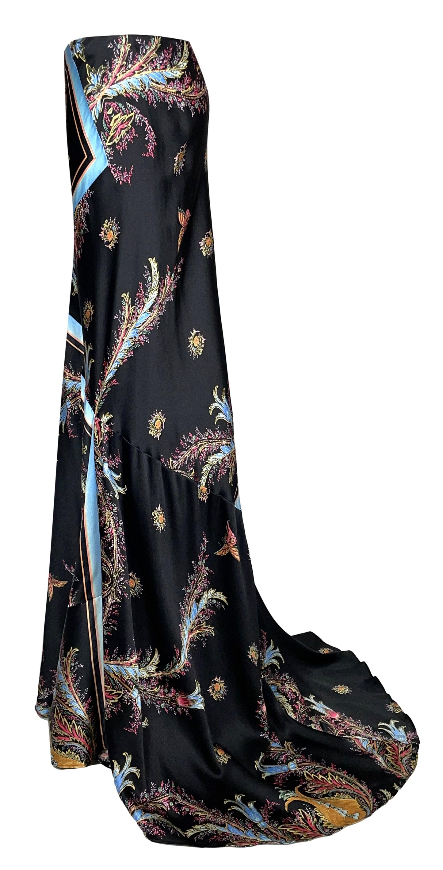 NWT 2004 Roberto Cavalli Black Silk Indian Raj Print Long Skirt w Train