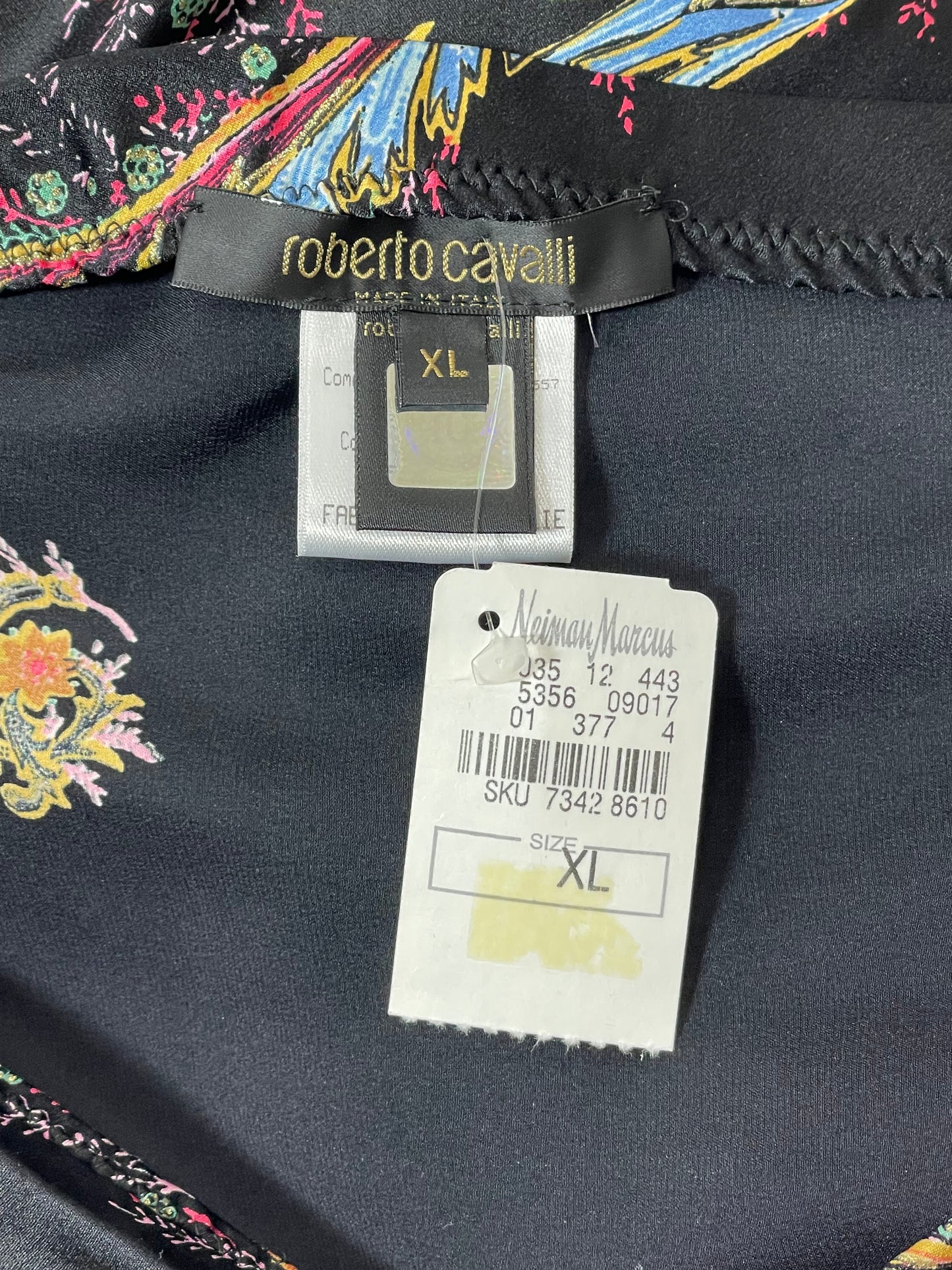 NWT 2004 Roberto Cavalli Black Silk Indian Raj Print Long Skirt w Train