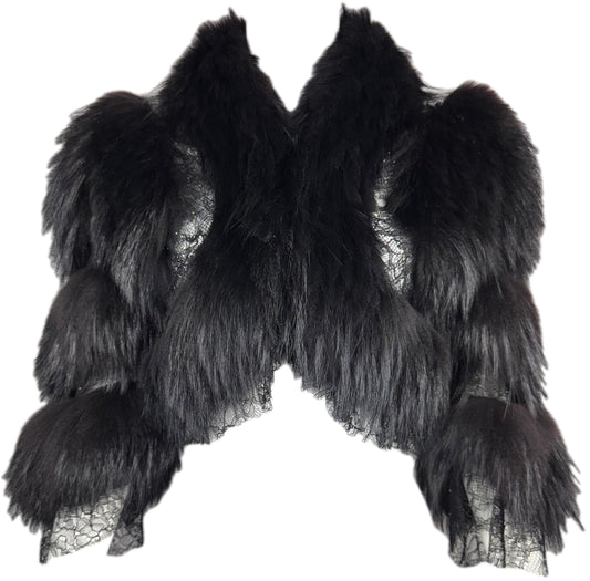 2004 Roberto Cavalli Sheer Black Lace & Fox Fur Cropped Fitted Sexy Chubby Jacket Coat