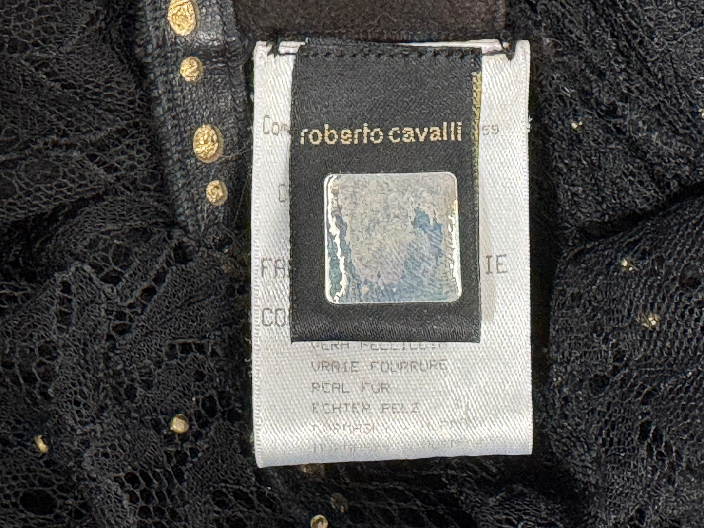 2004 Roberto Cavalli Sheer Black Lace & Fox Fur Cropped Fitted Sexy Chubby Jacket Coat