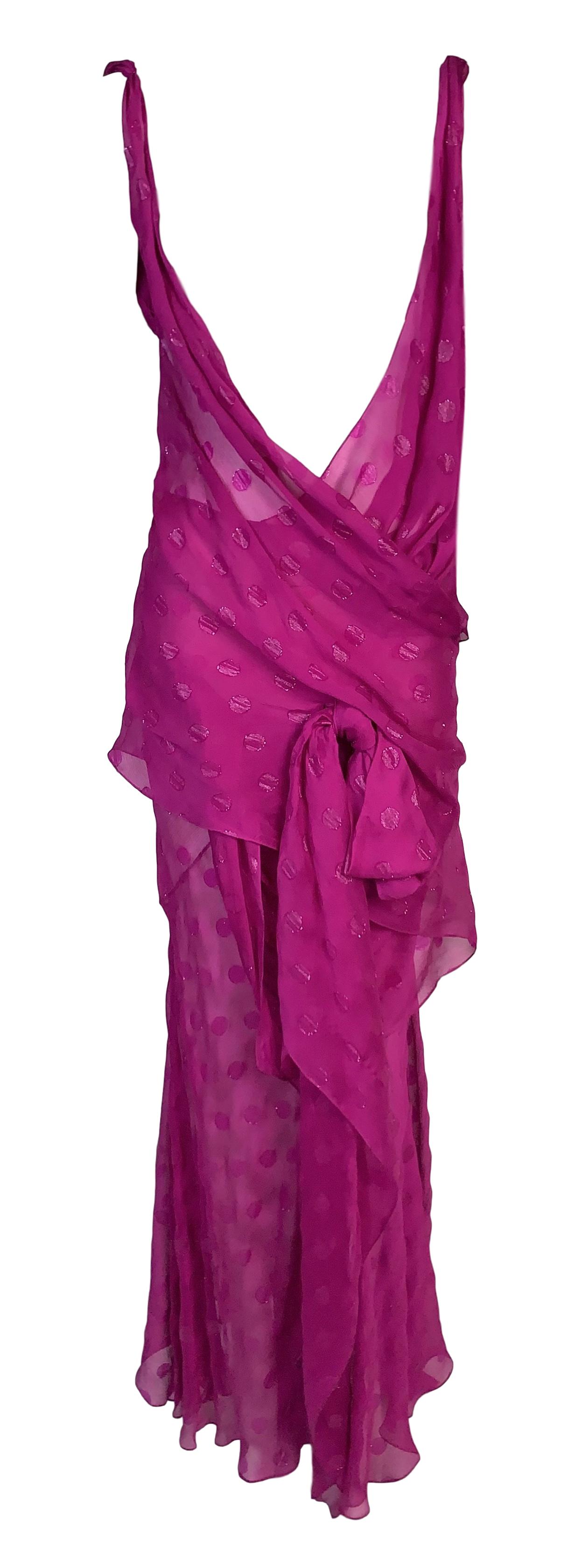 S/S 2004 Christian Dior by John Galliano Runway Sheer Hot Pink Polka Dot Plunging Dress w Train
