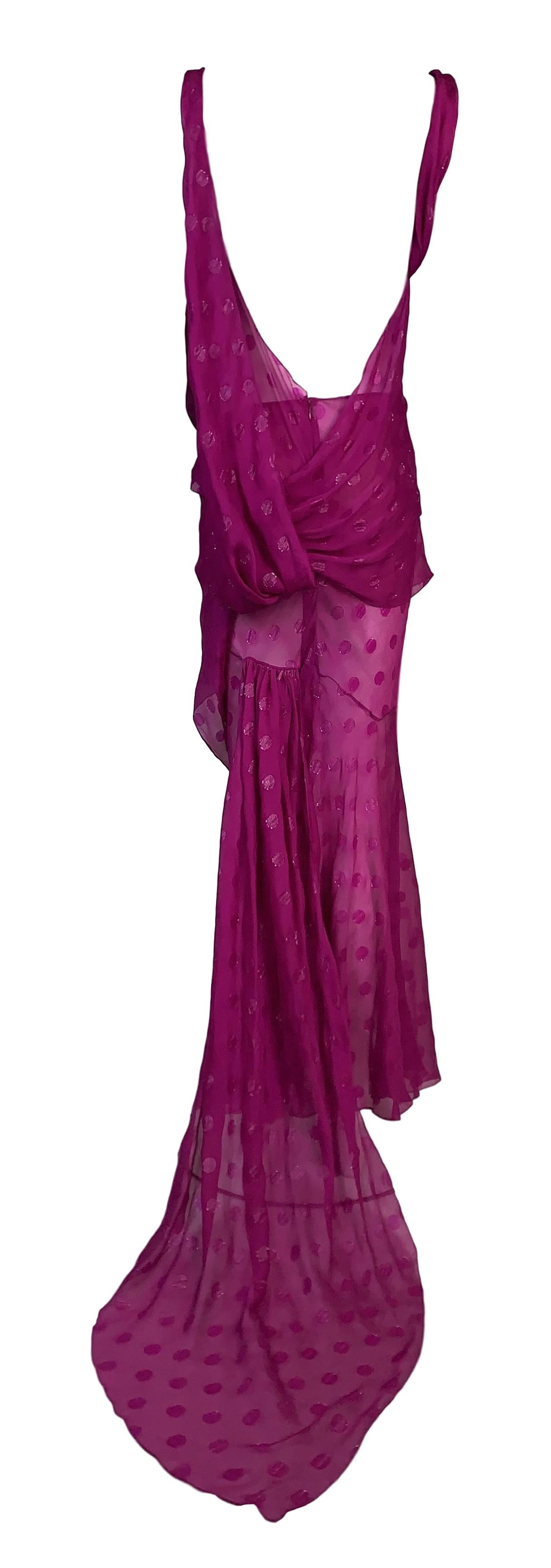 S/S 2004 Christian Dior by John Galliano Runway Sheer Hot Pink Polka Dot Plunging Dress w Train