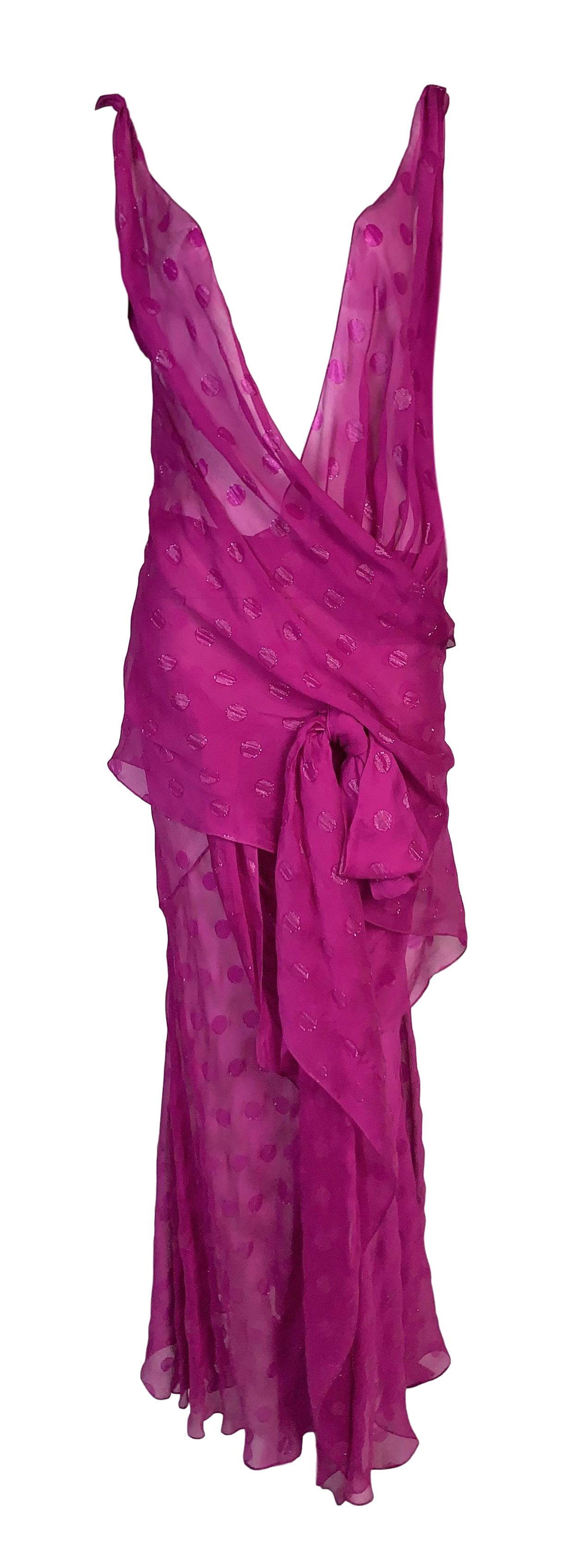 S/S 2004 Christian Dior by John Galliano Runway Sheer Hot Pink Polka Dot Plunging Dress w Train