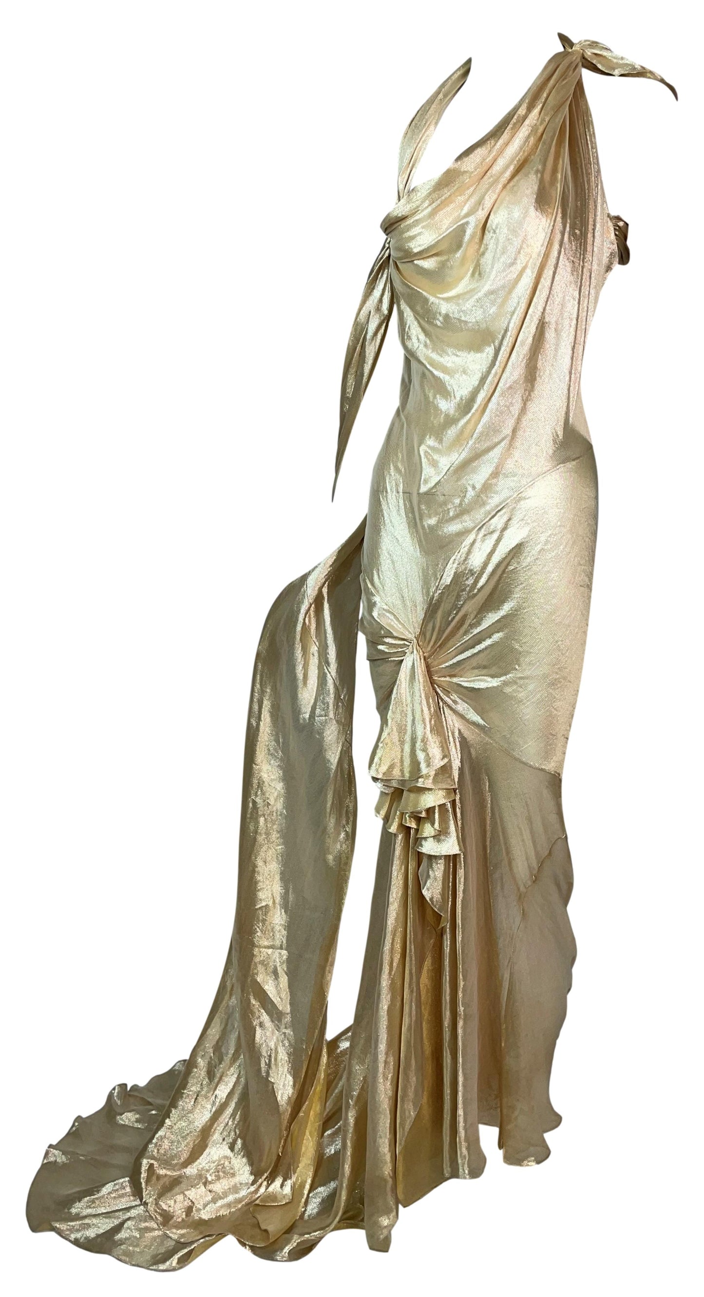 S/S 2004 Christian Dior by John Galliano Runway 1940's Old Hollywood Vixen Pin-Up Style Liquid Gold Lamé Gown Dress w Train