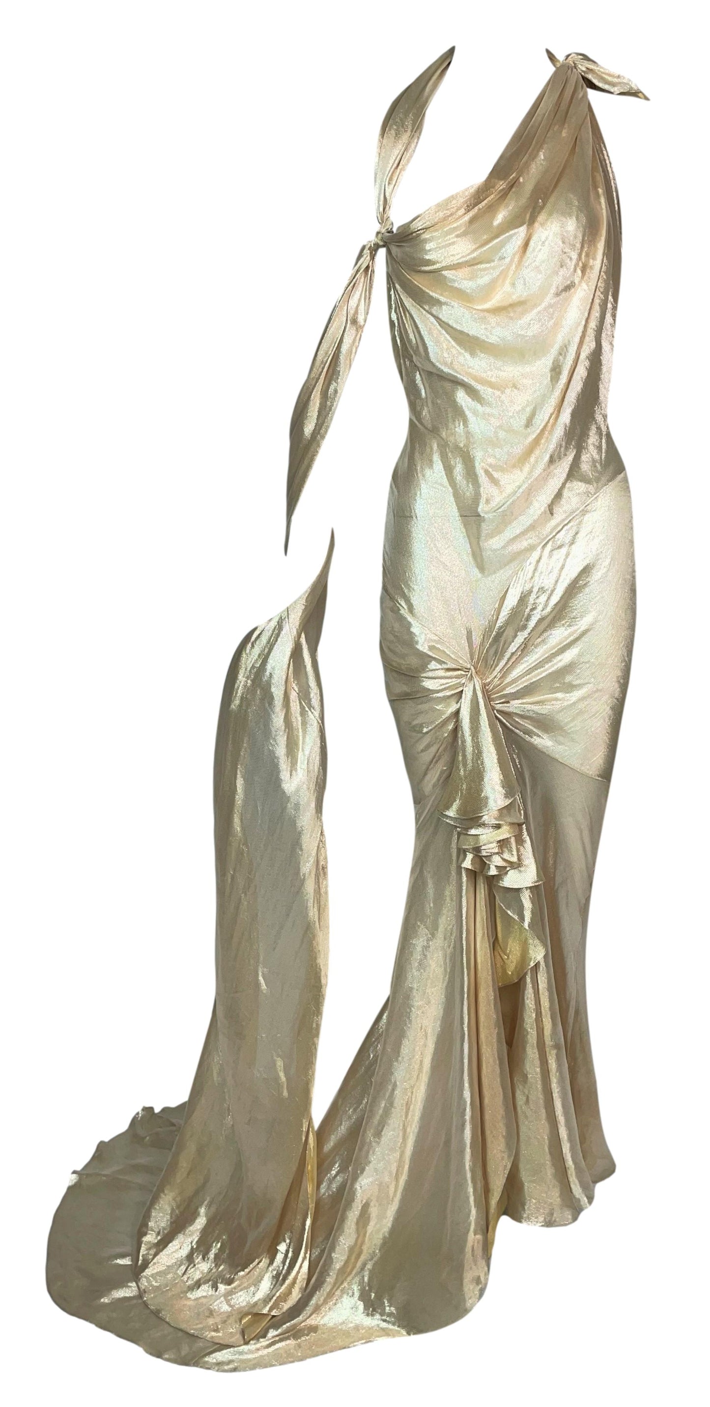 S/S 2004 Christian Dior by John Galliano Runway 1940's Old Hollywood Vixen Pin-Up Style Liquid Gold Lamé Gown Dress w Train