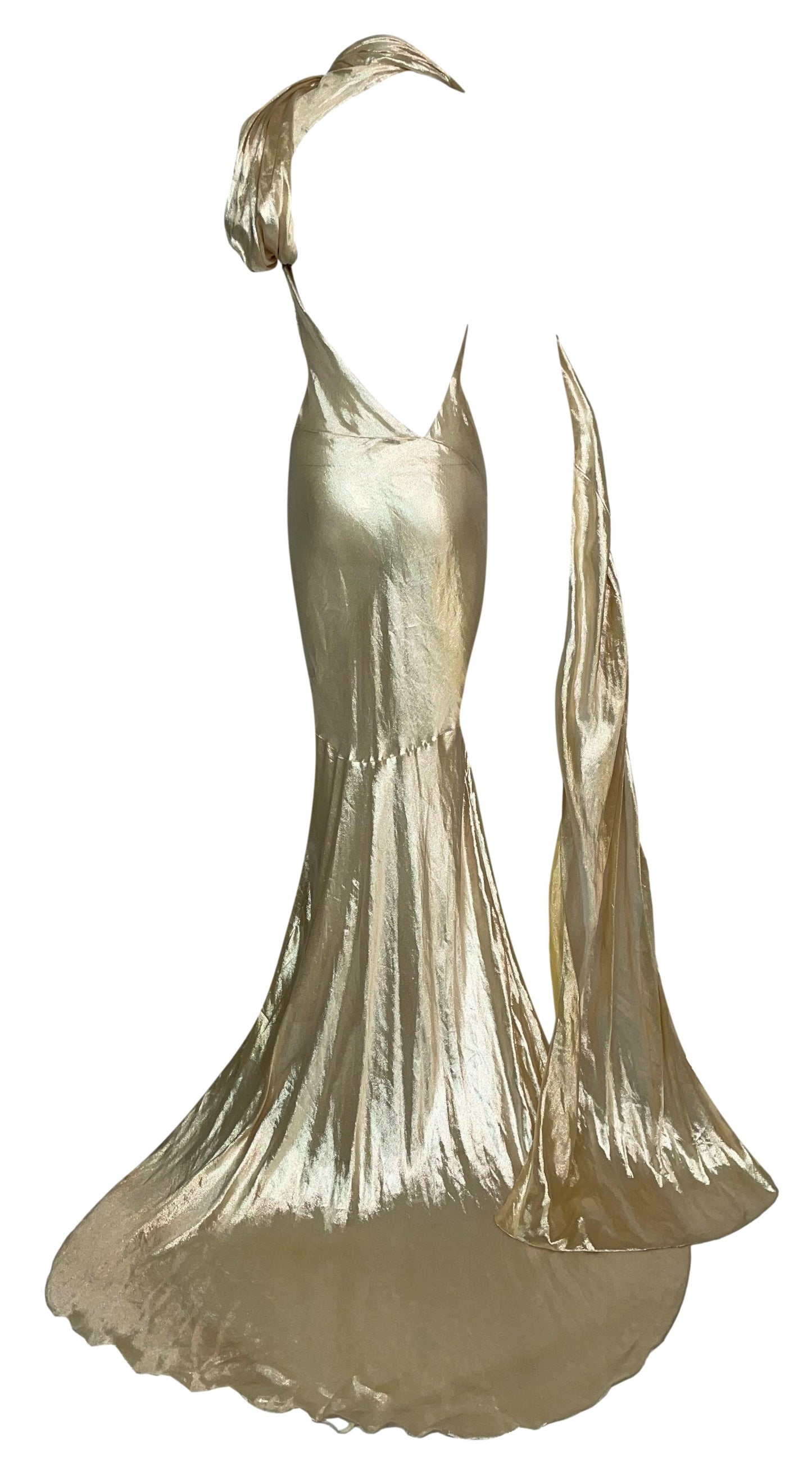 S/S 2004 Christian Dior by John Galliano Runway 1940's Old Hollywood Vixen Pin-Up Style Liquid Gold Lamé Gown Dress w Train