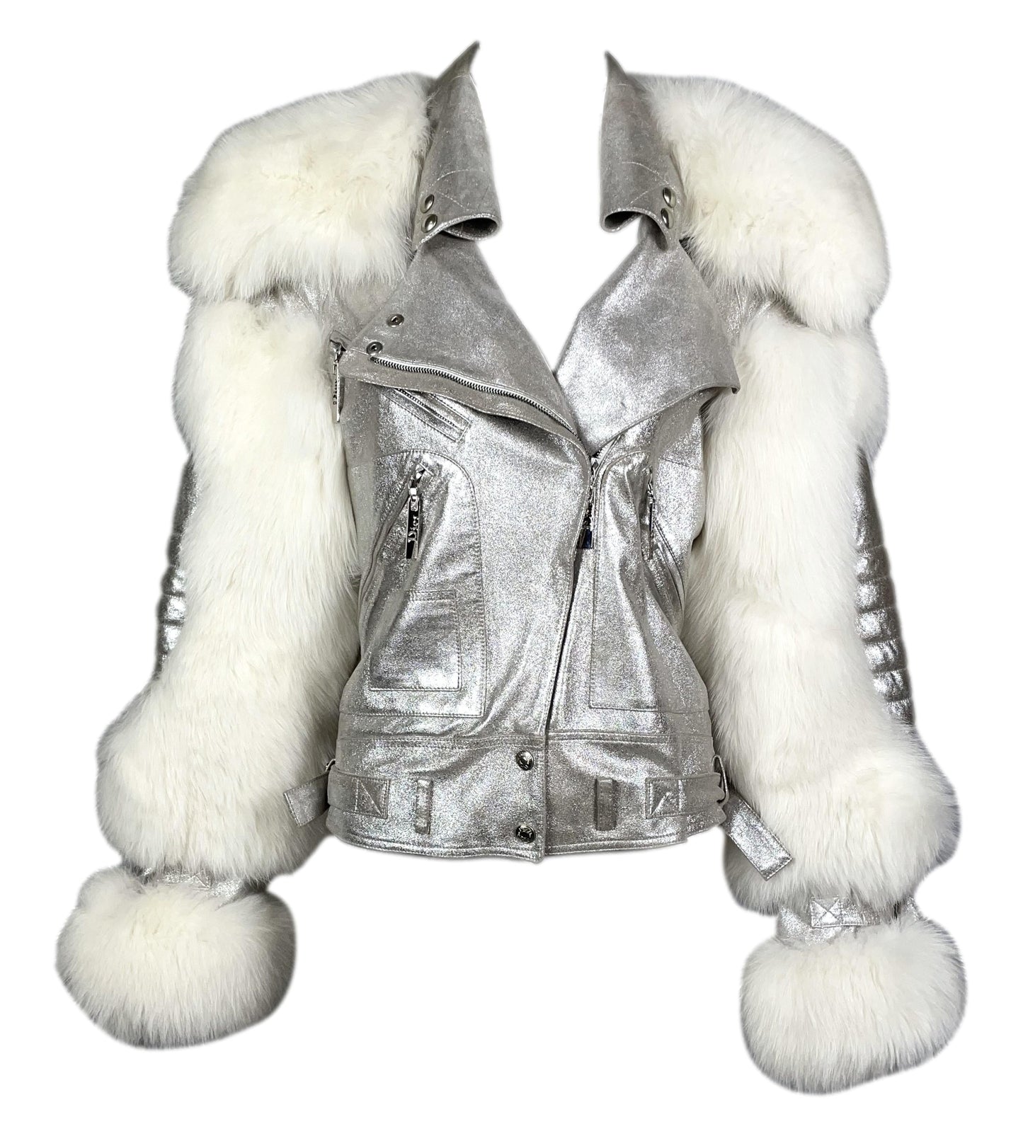 S/S 2004 Christian Dior by John Galliano Runway Silver Leather & White Fox Fur Biker Jacket