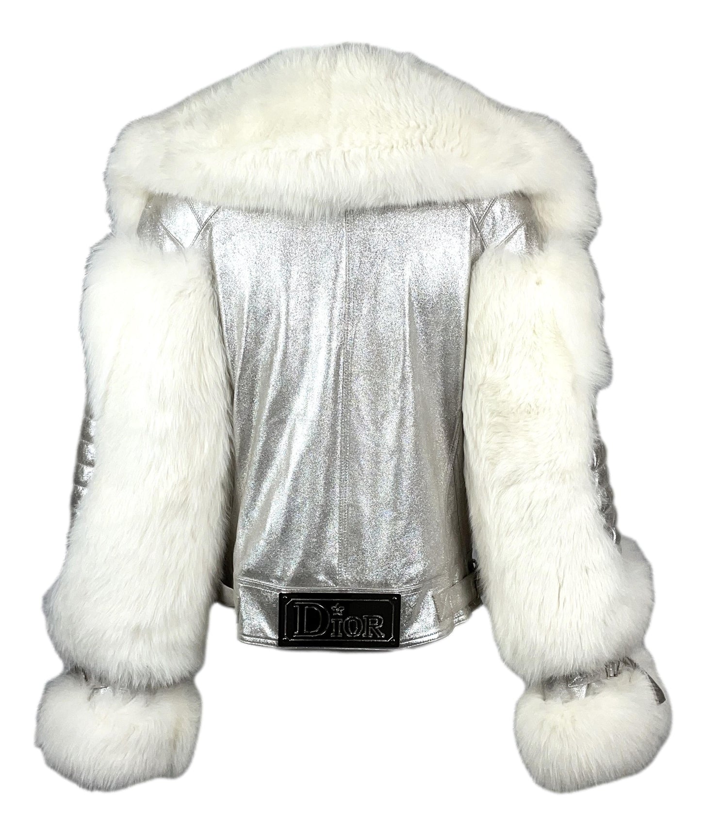 S/S 2004 Christian Dior by John Galliano Runway Silver Leather & White Fox Fur Biker Jacket