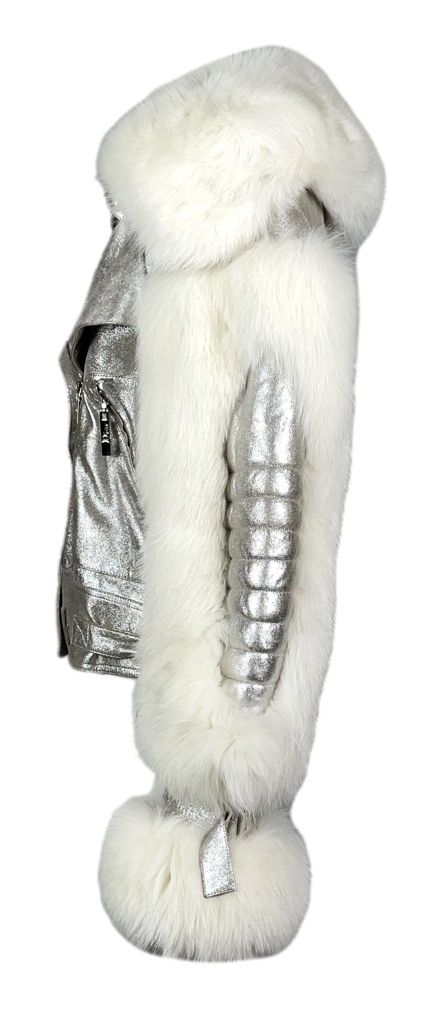 S/S 2004 Christian Dior by John Galliano Runway Silver Leather & White Fox Fur Biker Jacket