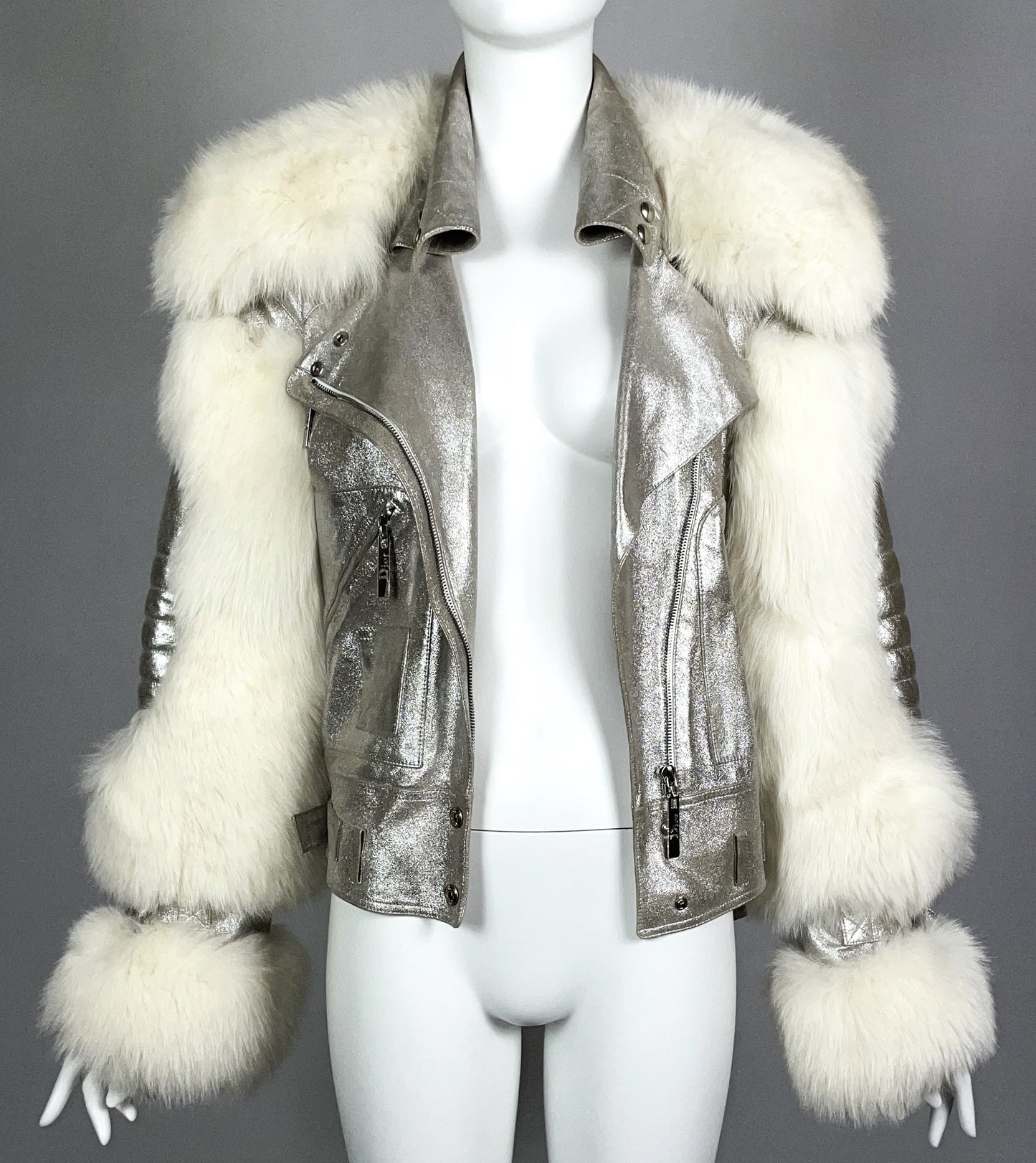 S/S 2004 Christian Dior by John Galliano Runway Silver Leather & White Fox Fur Biker Jacket