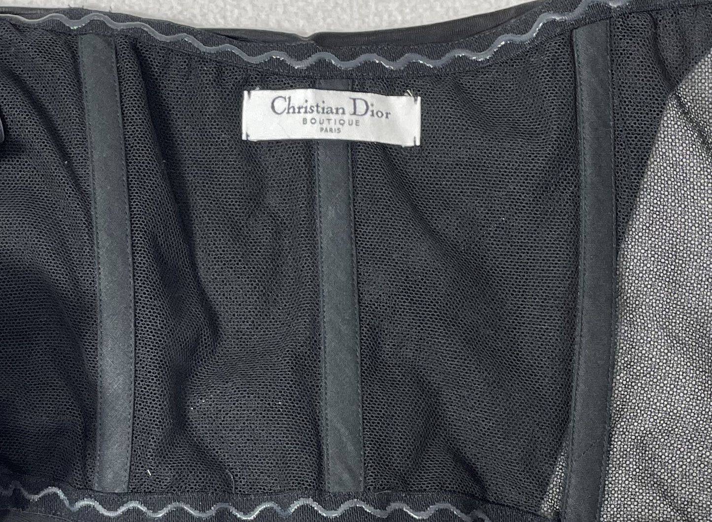 S/S 2004 Christian Dior by John Galliano Strapless Pin-Up Sheer Black Ruched Wiggle Dress