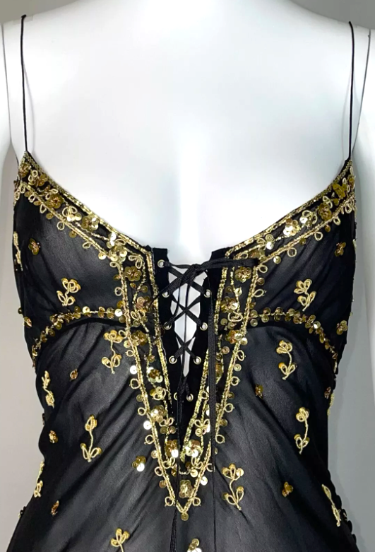 S/S 2004 Christian Dior by John Galliano Sheer Black & Gold Embellished Gypsy Maxi Dress