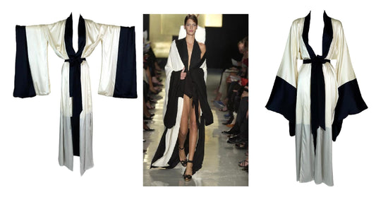 NWT S/S 2003 Donna Karan Runway Ivory & Black Silk Satin Kimono Dress Jacket