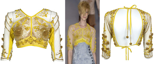 S/S 2004 Jean Paul Gaultier Runway Cone Bra Sheer Nude Mesh & Yellow Beaded Crop Top
