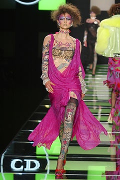 S/S 2004 Christian Dior by John Galliano Runway Sheer Hot Pink Polka Dot Plunging Dress w Train