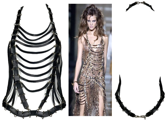 S/S 2004 Roberto Cavalli Black Leather Bondage Hardcore Harness Top Vest