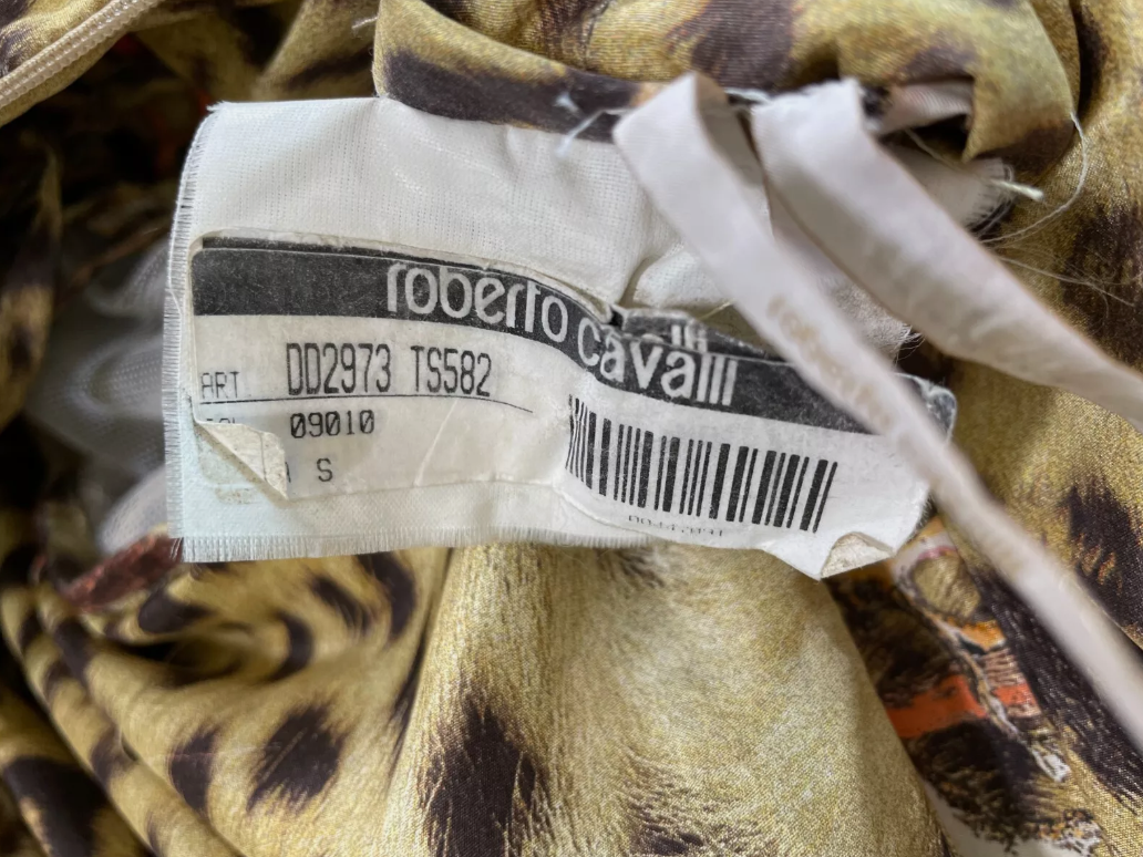S/S 2005 Roberto Cavalli Runway Puffy Victorian Leopard Off Shoulder Corset Ball Gown Dress w Long Train