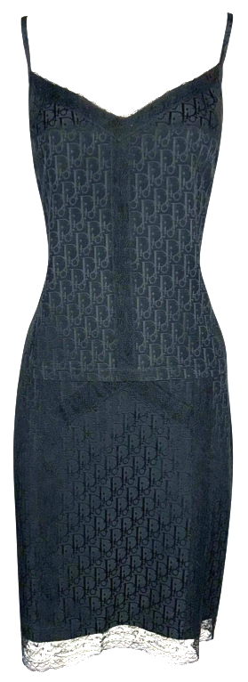 2005 Christian Dior x John Galliano Black Logo Trotter Monogram Lace Trim Top & Skirt Set