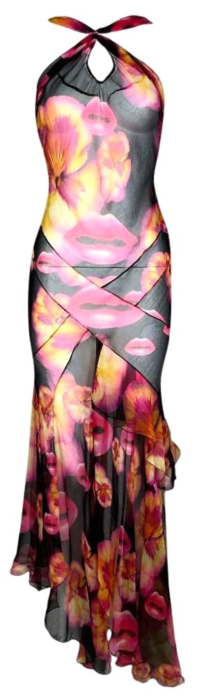 S/S 2005 Christian Dior by John Galliano Sheer Black Silk Lips Flower Ruffle Dress