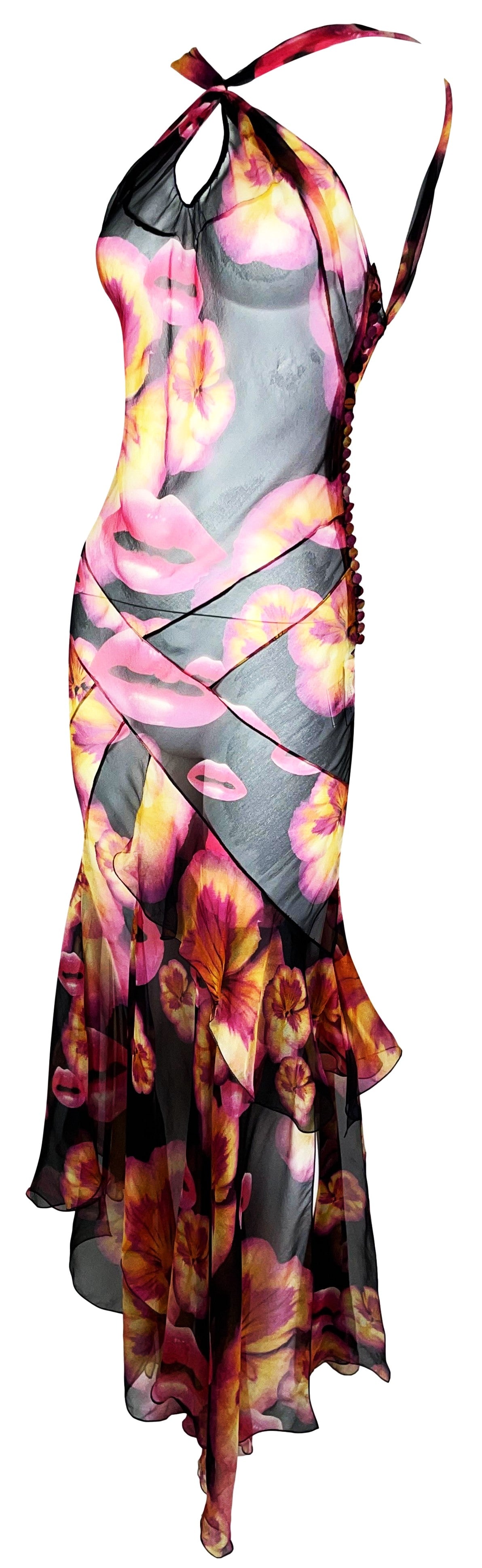 S/S 2005 Christian Dior by John Galliano Sheer Black Silk Lips Flower Ruffle Dress